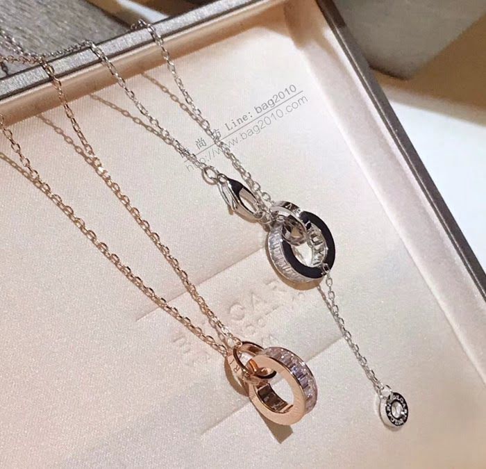Bvlgari飾品 寶格麗排鑽NEW方鑽雙環項鏈 玫瑰金色 白金色  zgbq3291